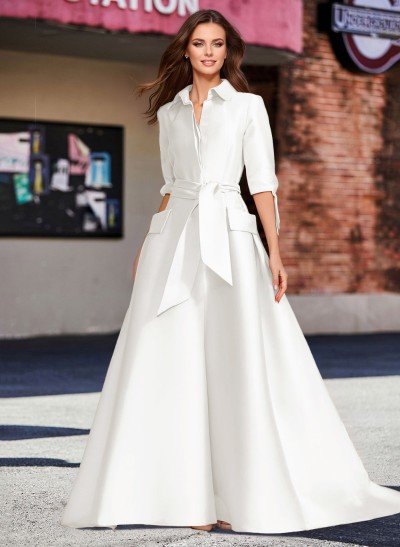 A-Line V-Neck 1/2 Sleeves Satin Mother Of The Bride Dresses With Sash