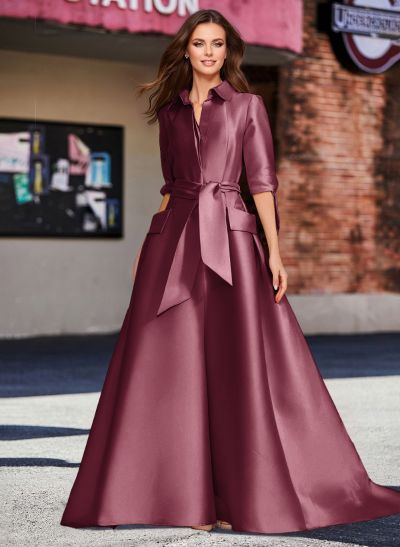 A-Line V-Neck 1/2 Sleeves Satin Mother Of The Bride Dresses With Sash A-Line V-Neck 1/2 Sleeves Satin Mother Of The Bride Dresses With Sash