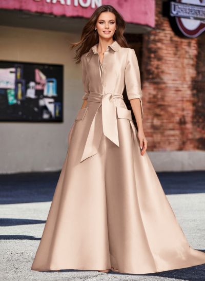 A-Line V-Neck 1/2 Sleeves Satin Mother Of The Bride Dresses With Sash