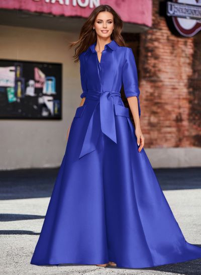 A-Line V-Neck 1/2 Sleeves Satin Mother Of The Bride Dresses With Sash