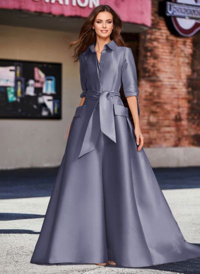 A-Line V-Neck 1/2 Sleeves Satin Mother Of The Bride Dresses With Sash
