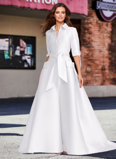 A-Line V-Neck 1/2 Sleeves Satin Mother Of The Bride Dresses With Sash