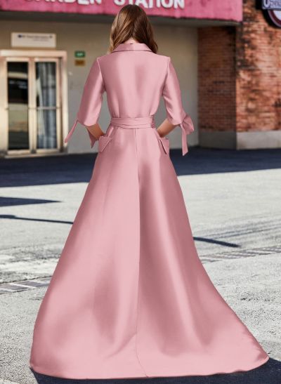 A-Line V-Neck 1/2 Sleeves Satin Mother Of The Bride Dresses With Sash