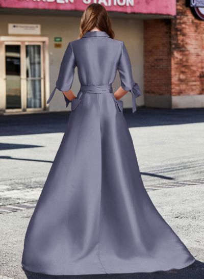 A-Line V-Neck 1/2 Sleeves Satin Mother Of The Bride Dresses With Sash