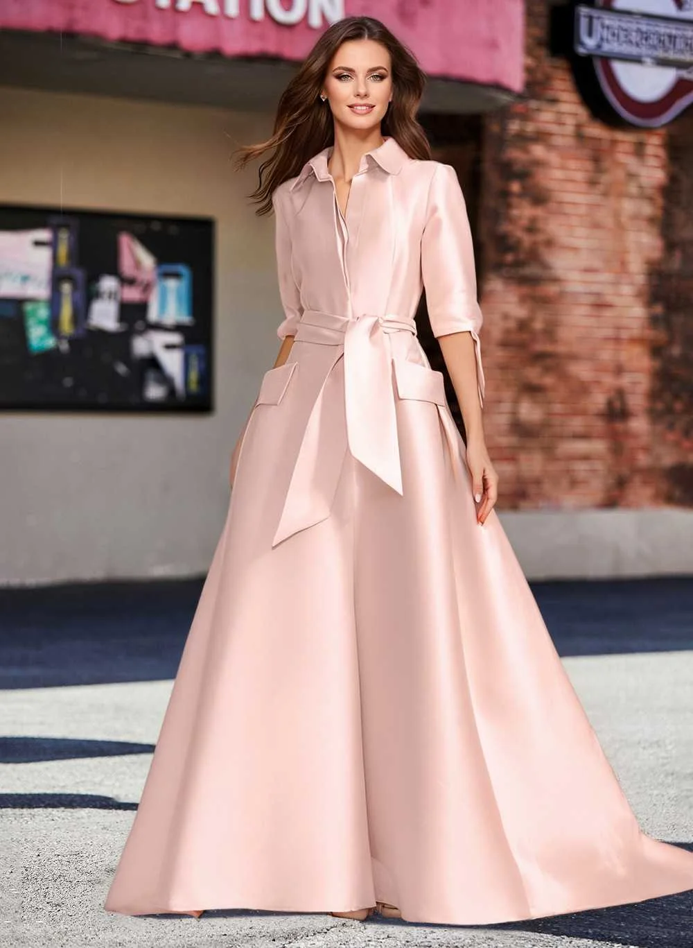 A-Line V-Neck 1/2 Sleeves Satin Mother Of The Bride Dresses With Sash