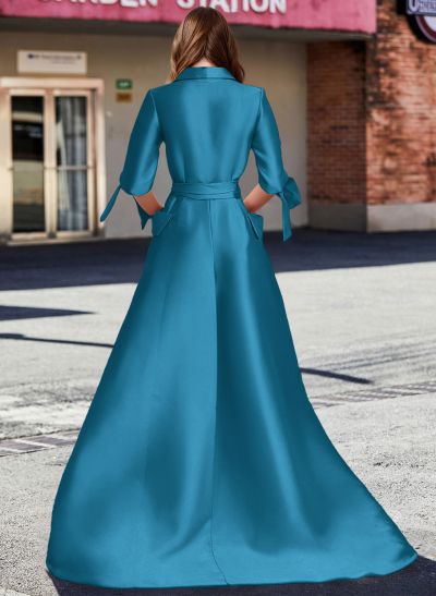 A-Line V-Neck 1/2 Sleeves Satin Mother Of The Bride Dresses With Sash