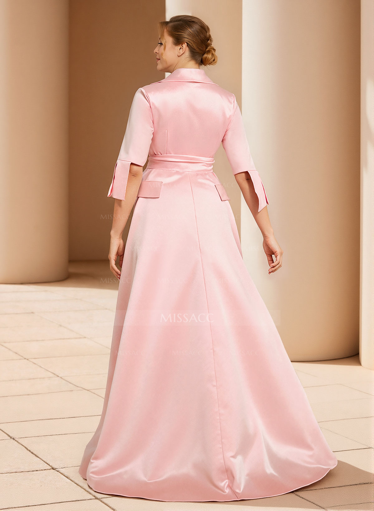 A-Line V-Neck 1/2 Sleeves Satin Mother Of The Bride Dresses With Sash