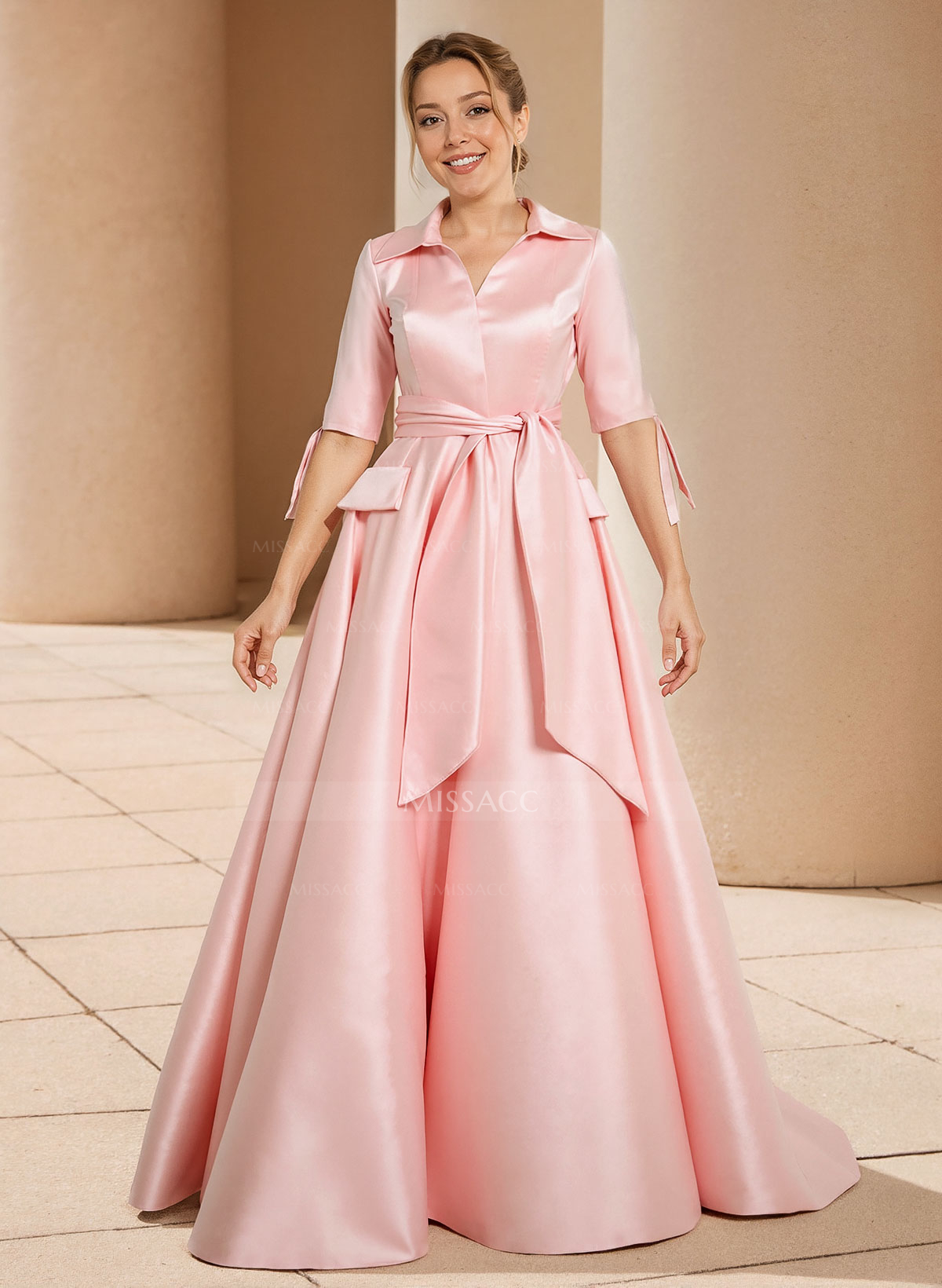 A-Line V-Neck 1/2 Sleeves Satin Mother Of The Bride Dresses With Sash