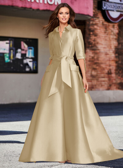 A-Line V-Neck 1/2 Sleeves Satin Mother Of The Bride Dresses With Sash