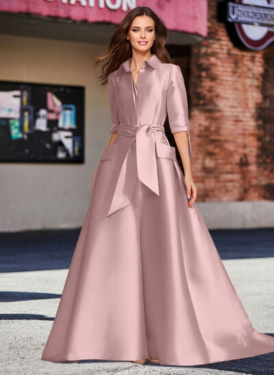 A-Line V-Neck 1/2 Sleeves Satin Mother Of The Bride Dresses With Sash