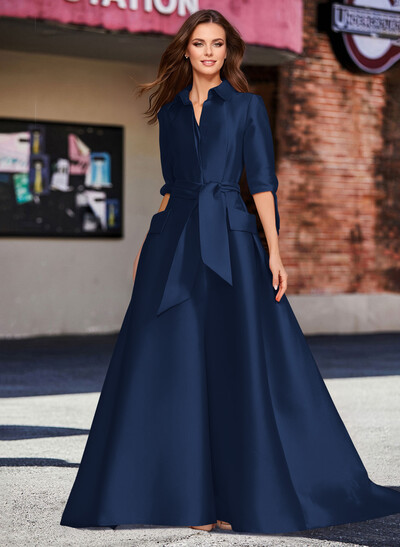 A-Line V-Neck 1/2 Sleeves Satin Mother Of The Bride Dresses With Sash