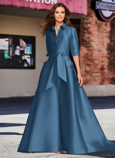 A-Line V-Neck 1/2 Sleeves Satin Mother Of The Bride Dresses With Sash