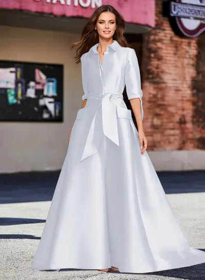 A-Line V-Neck 1/2 Sleeves Satin Mother Of The Bride Dresses With