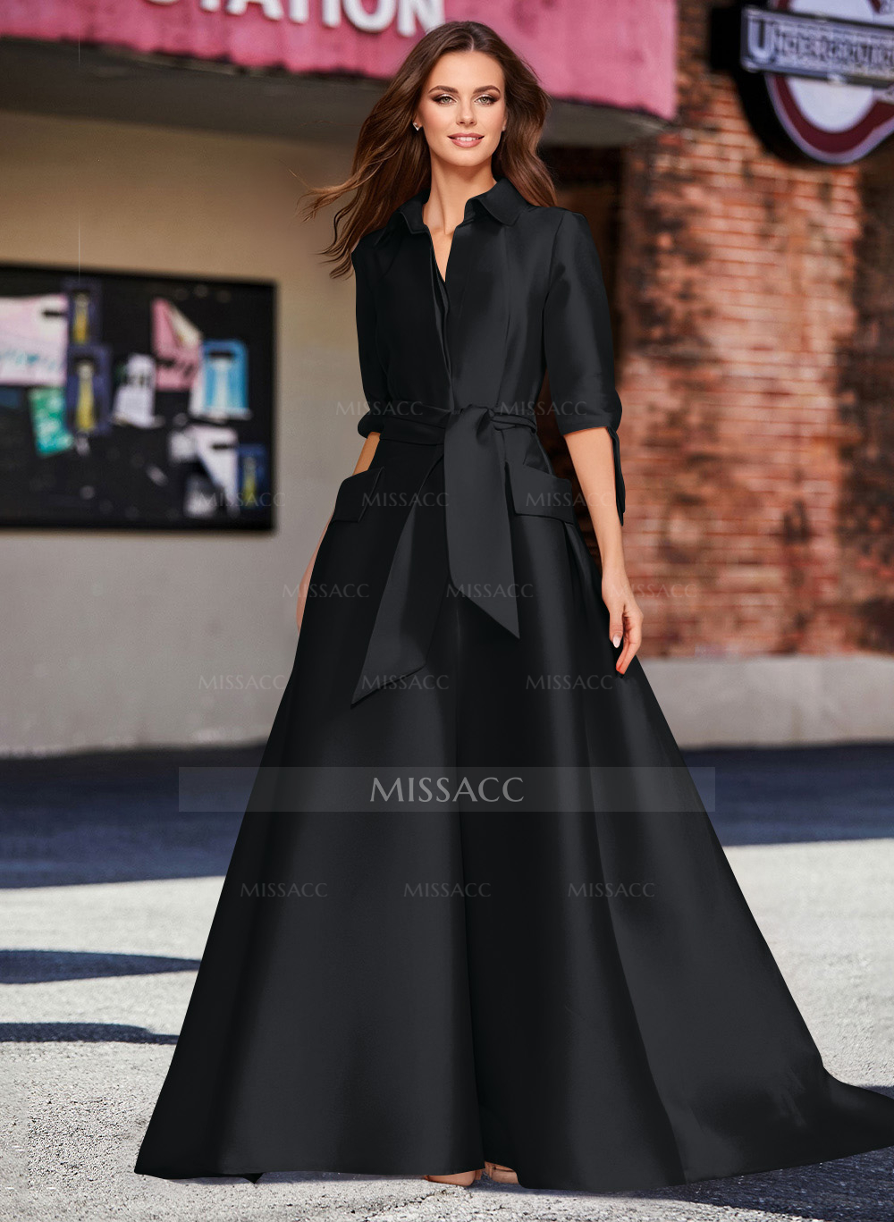 A-Line V-Neck 1/2 Sleeves Satin Mother Of The Bride Dresses With Sash