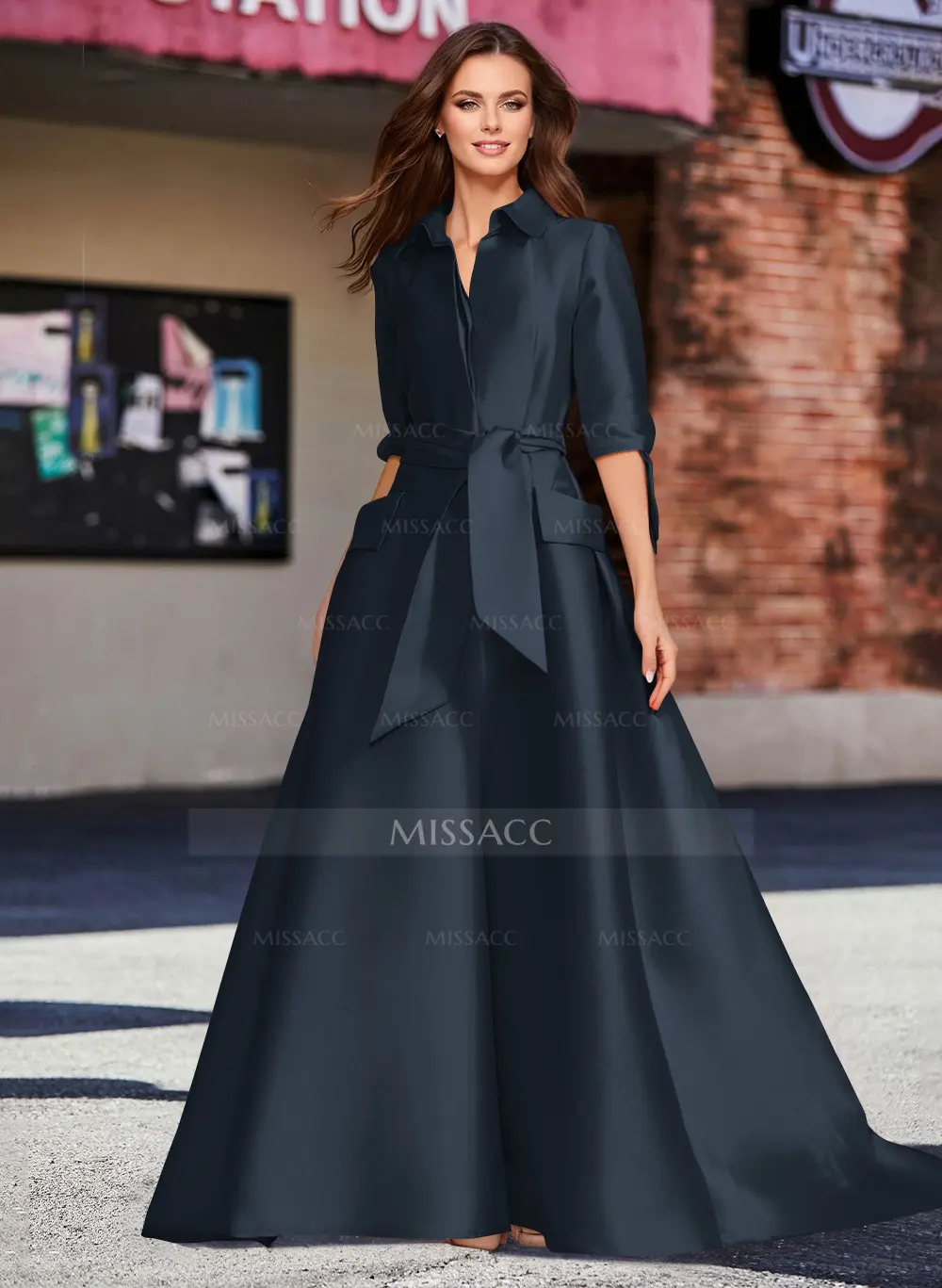chinese dress ladies Silk Georgette Flutter Sleeve A-Line Wedding Dress with Navy Sash Navy