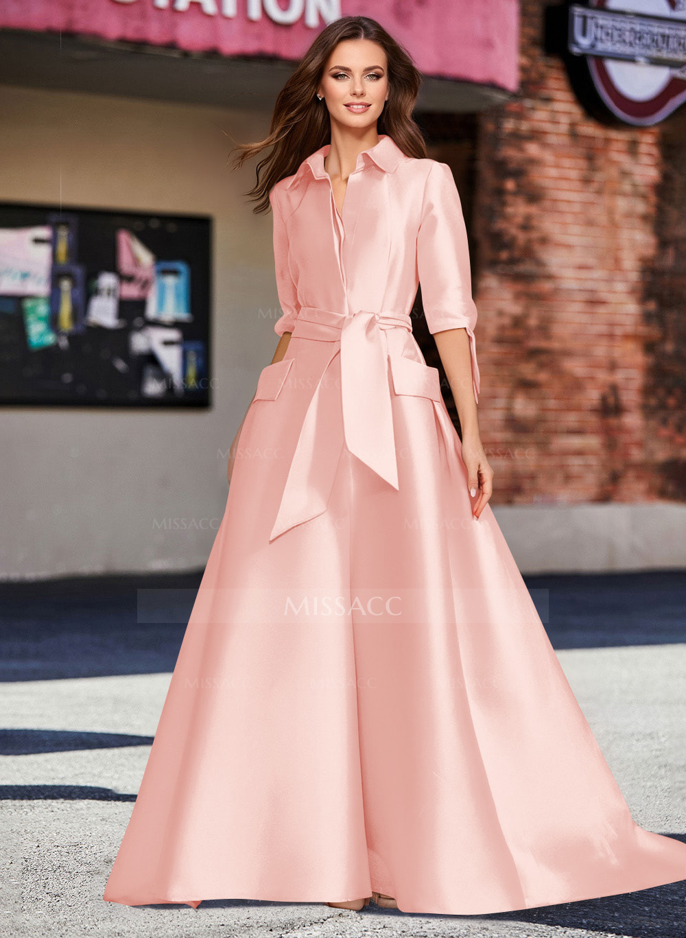 A-Line V-Neck 1/2 Sleeves Satin Mother Of The Bride Dresses With Sash