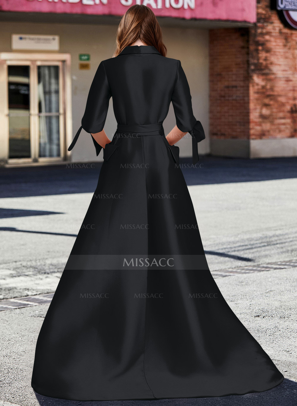 A-Line V-Neck 1/2 Sleeves Satin Mother Of The Bride Dresses With Sash