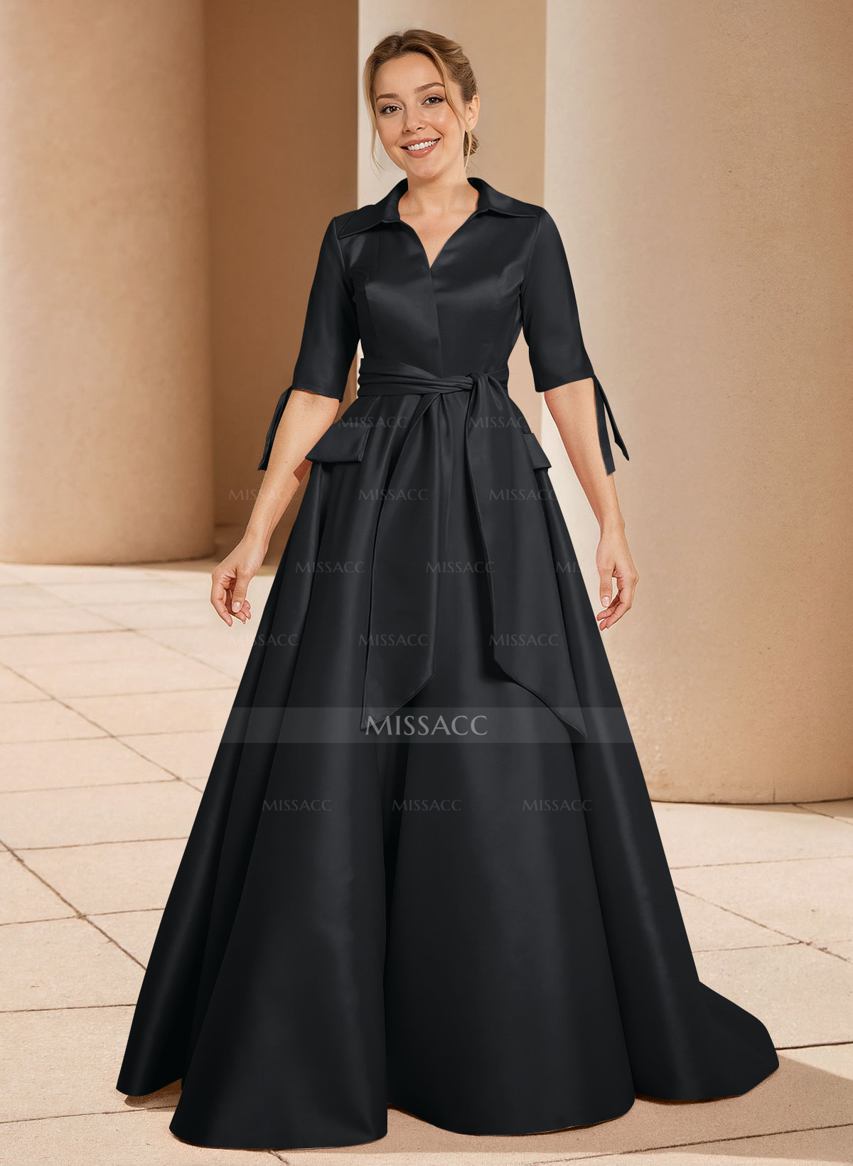 A-Line V-Neck 1/2 Sleeves Satin Mother Of The Bride Dresses With Sash
