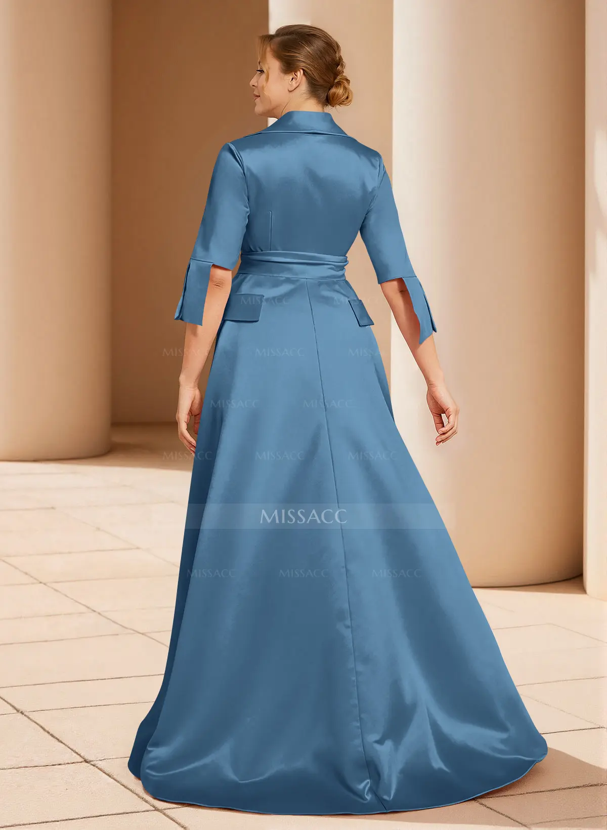 A-Line V-Neck 1/2 Sleeves Satin Mother Of The Bride Dresses With Sash -  Missacc