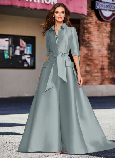 A-Line V-Neck 1/2 Sleeves Satin Mother Of The Bride Dresses With Sash