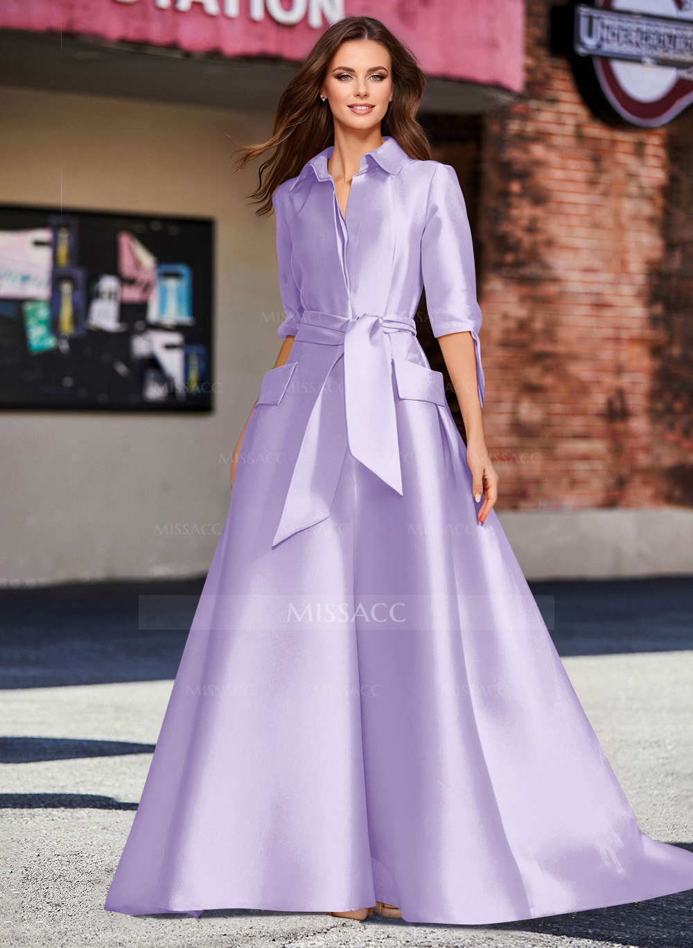 A-Line V-Neck 1/2 Sleeves Satin Mother Of The Bride Dresses With