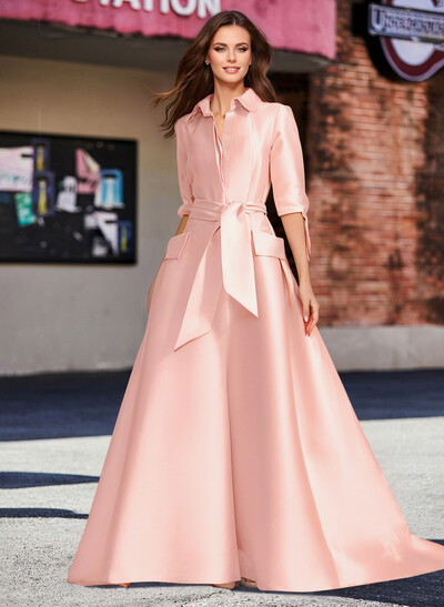 A-Line V-Neck 1/2 Sleeves Satin Mother Of The Bride Dresses With Sash