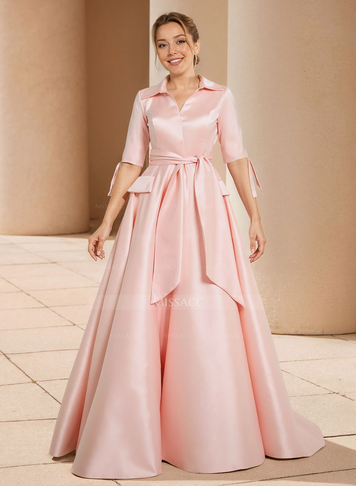 A-Line V-Neck 1/2 Sleeves Satin Mother Of The Bride Dresses With Sash