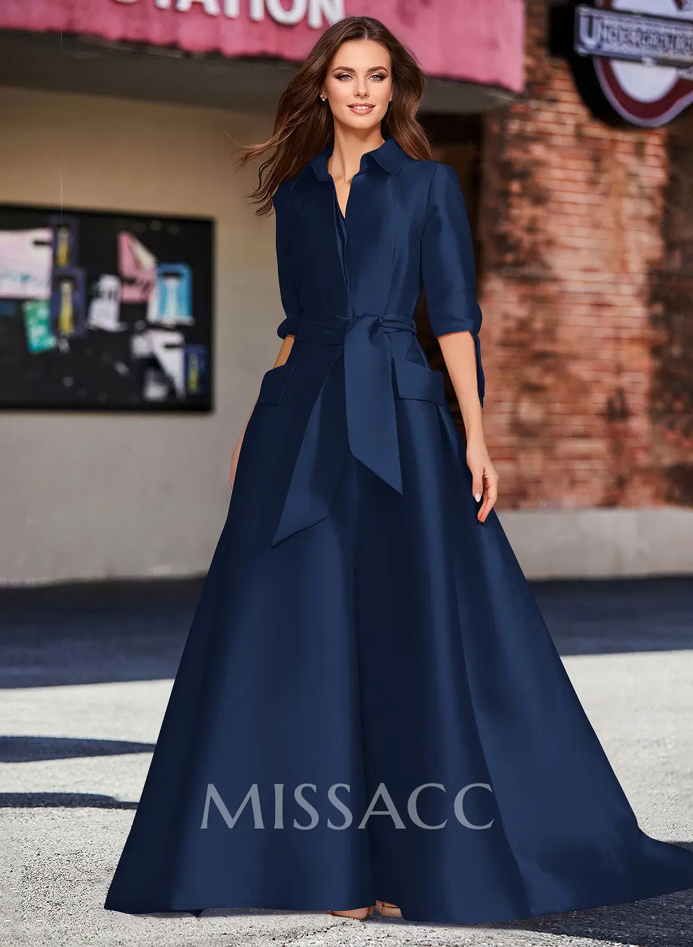 A-Line V-Neck 1/2 Sleeves Satin Mother Of The Bride Dresses With