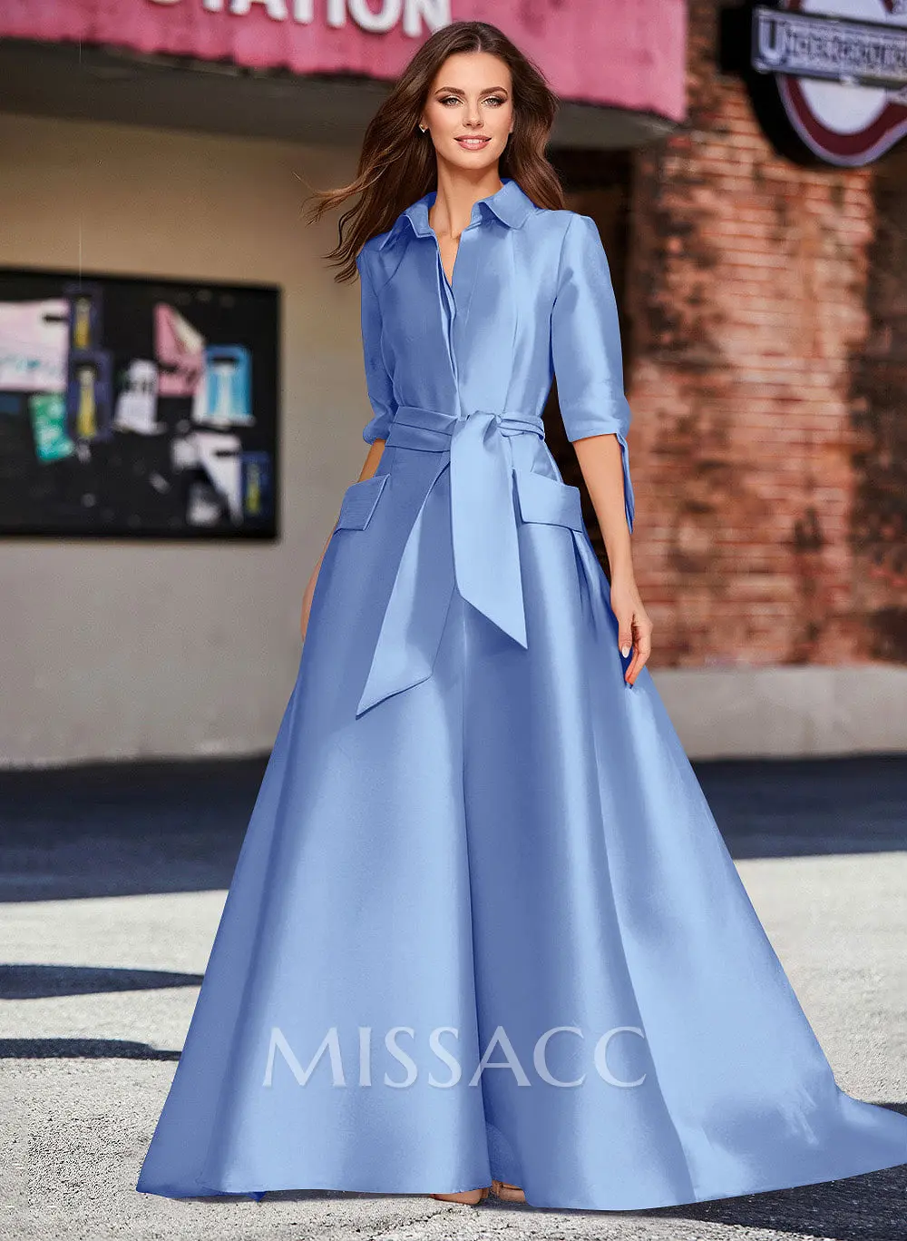 A-Line V-Neck 1/2 Sleeves Satin Mother Of The Bride Dresses With