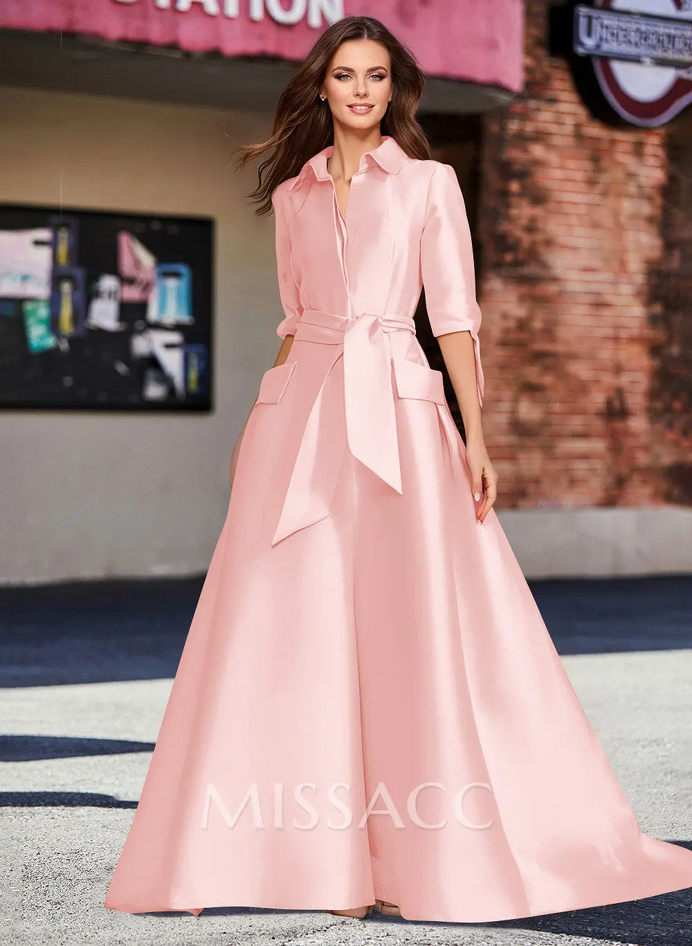 Missacc Home Try-on Pearl Pink Mother Of The Bride Dresses A-Line V-Neck 1/2 Sleeves Satin Mother Of The Bride Dresses With Sash