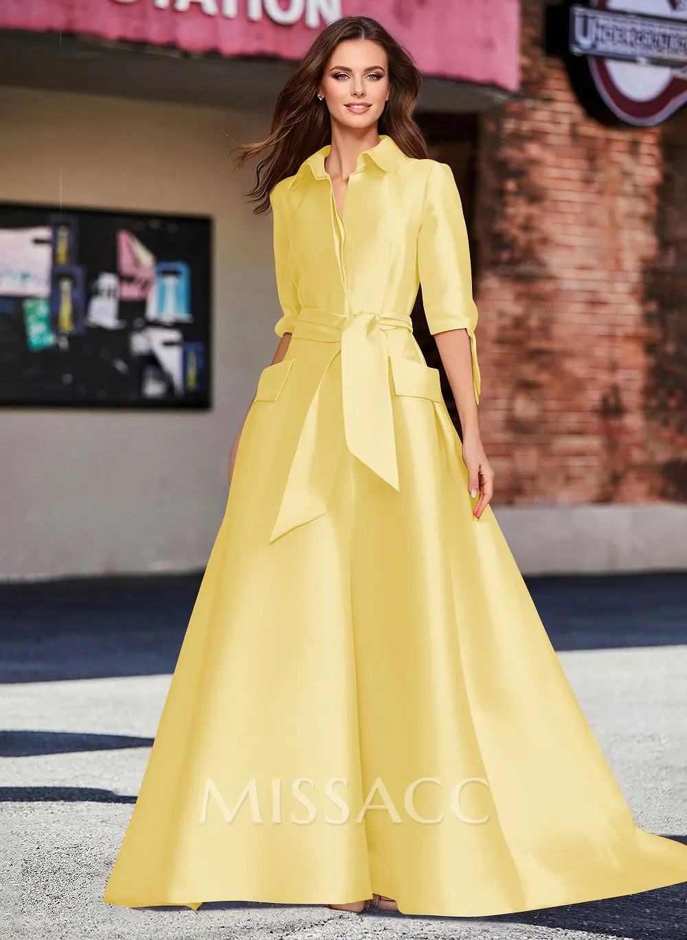 A-Line V-Neck 1/2 Sleeves Satin Mother Of The Bride Dresses With Sash -  Missacc