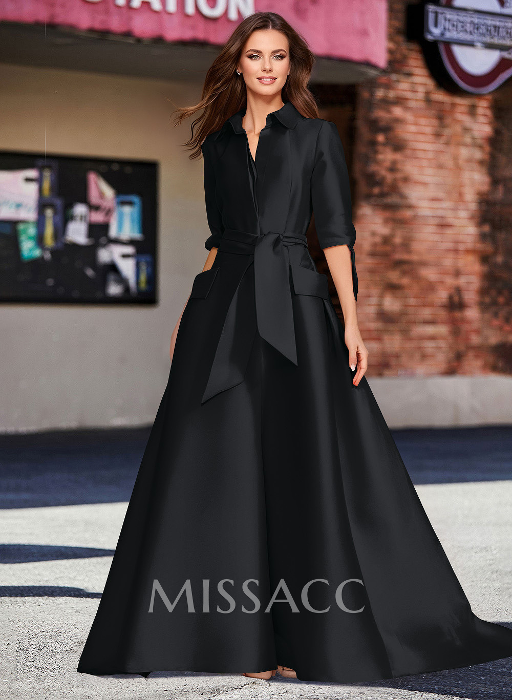 A-Line V-Neck 1/2 Sleeves Satin Mother Of The Bride Dresses With Sash
