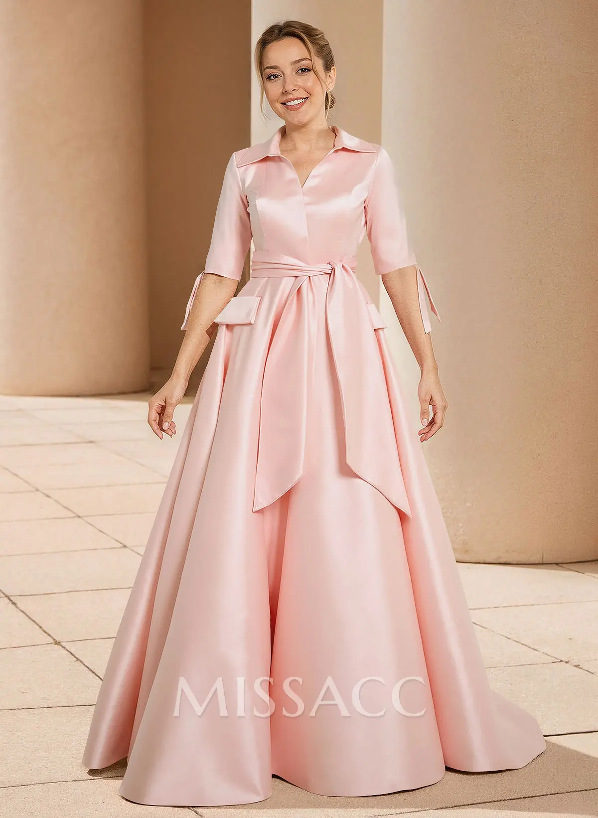 A-Line V-Neck 1/2 Sleeves Satin Mother Of The Bride Dresses With Sash