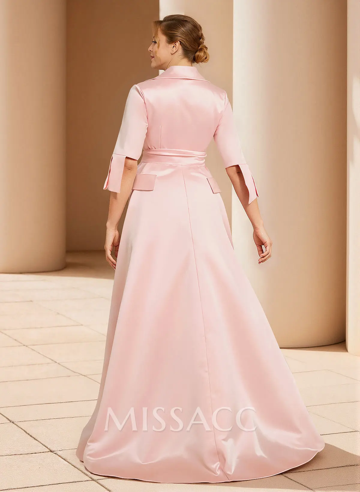 Missacc Home Try-on Pearl Pink Mother Of The Bride Dresses A-Line V-Neck 1/2 Sleeves Satin Mother Of The Bride Dresses With Sash
