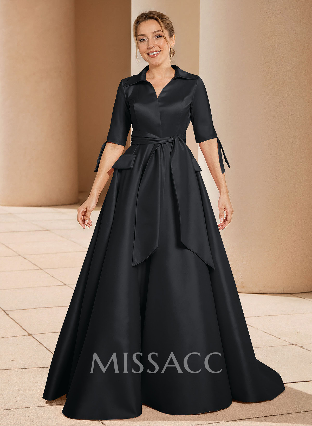 A-Line V-Neck 1/2 Sleeves Satin Mother Of The Bride Dresses With Sash