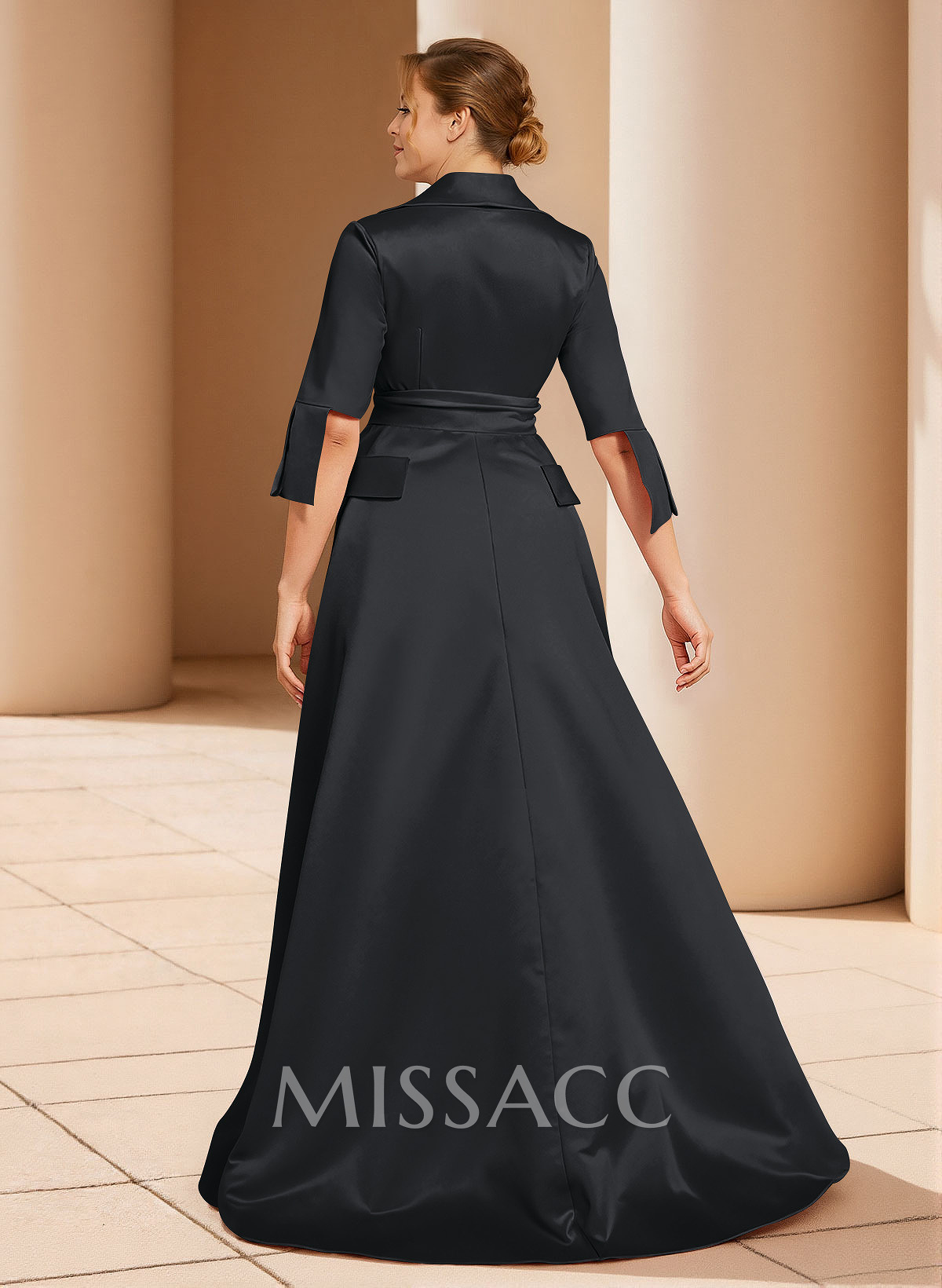 A-Line V-Neck 1/2 Sleeves Satin Mother Of The Bride Dresses With Sash