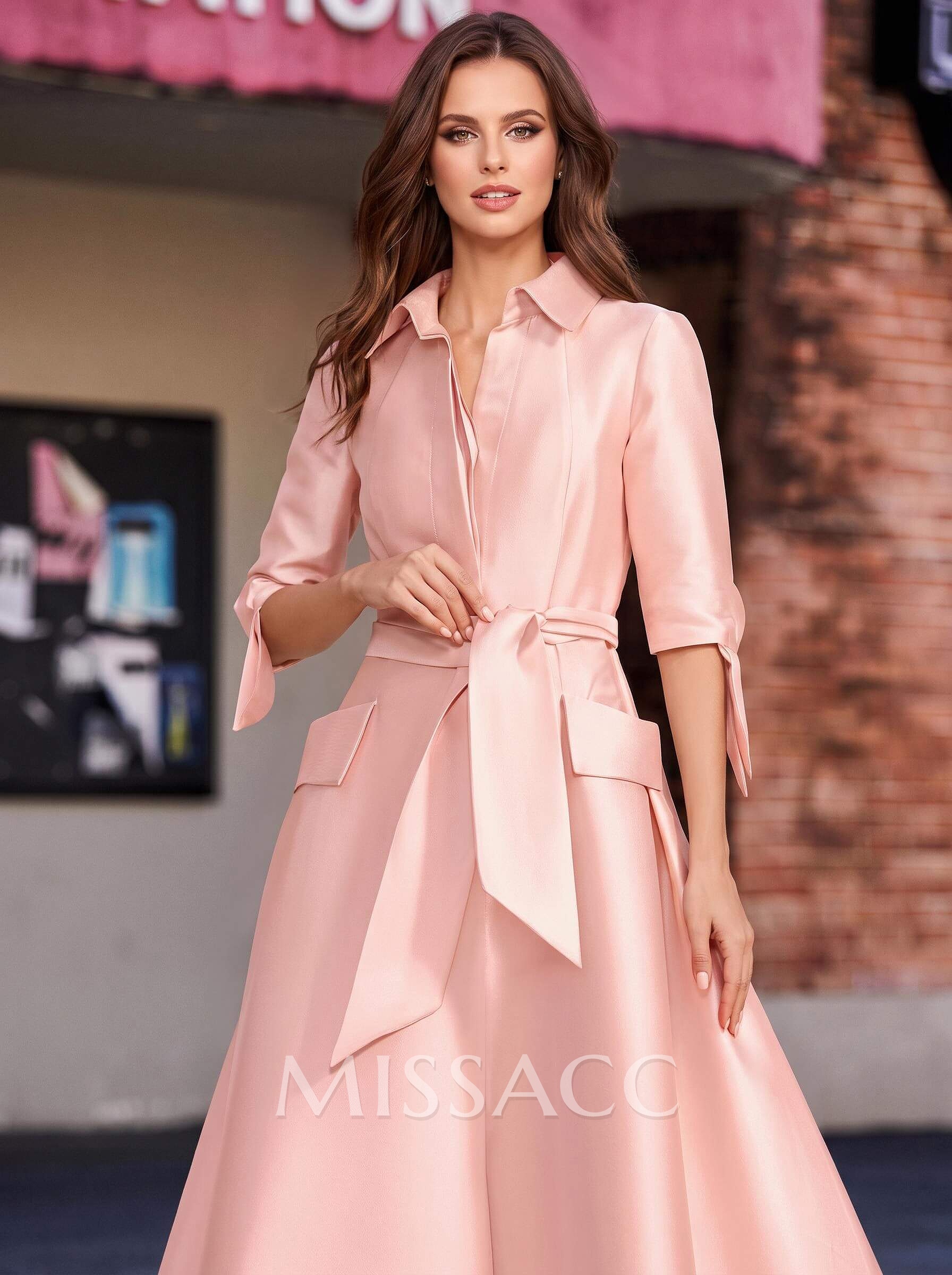 A-Line V-Neck 1/2 Sleeves Satin Mother Of The Bride Dresses With Sash