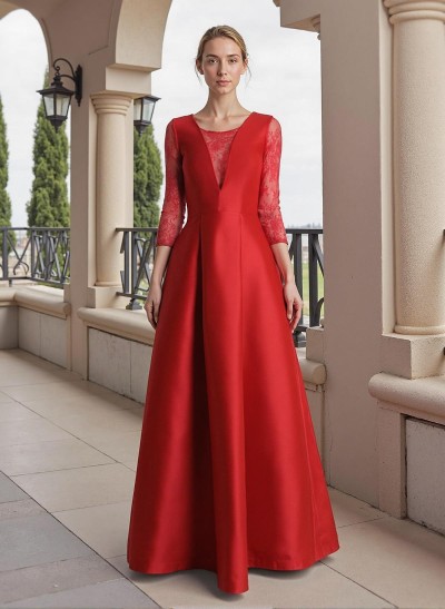 A-Line Illusion Neck 3/4 Sleeves Satin Mother Of The Bride Dresses With Lace