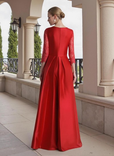 A-Line Illusion Neck 3/4 Sleeves Satin Mother Of The Bride Dresses With Lace