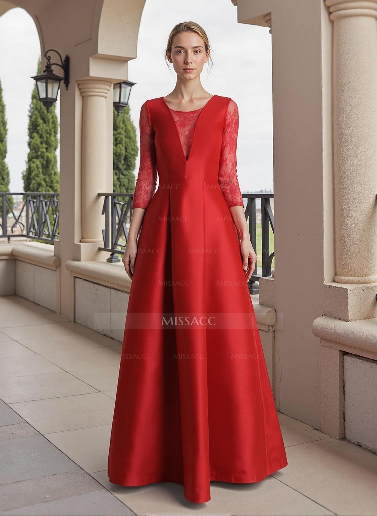 A-Line Illusion Neck 3/4 Sleeves Satin Mother Of The Bride Dresses With Lace