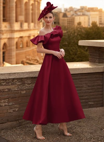 A-Line Asymmetrical Sleeveless Ankle-Length Satin Mother Of The Bride Dresses With Ruffle