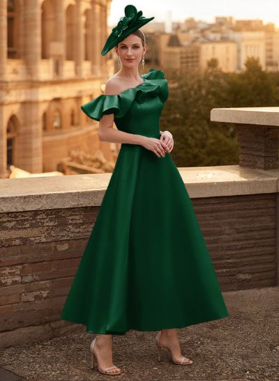 A-Line Asymmetrical Sleeveless Ankle-Length Satin Mother Of The Bride Dresses With Ruffle