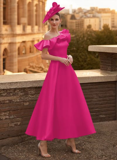 A-Line Asymmetrical Sleeveless Ankle-Length Satin Mother Of The Bride Dresses With Ruffle