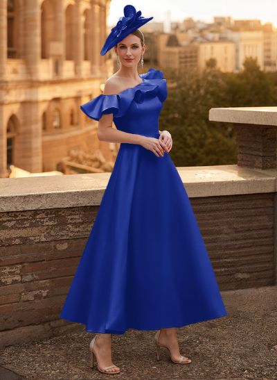 A-Line Asymmetrical Sleeveless Ankle-Length Satin Mother Of The Bride Dresses With Ruffle