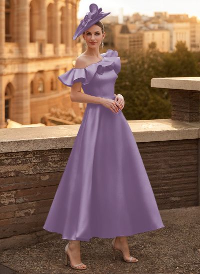 A-Line Asymmetrical Sleeveless Ankle-Length Satin Mother Of The Bride Dresses With Ruffle