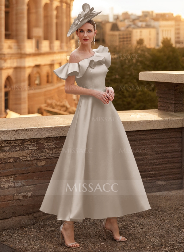 A-Line Asymmetrical Sleeveless Ankle-Length Satin Mother Of The