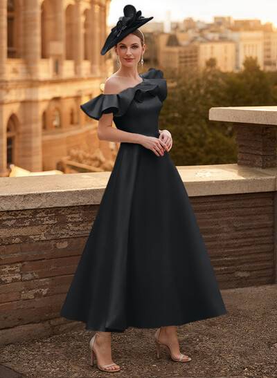 A-Line Asymmetrical Sleeveless Ankle-Length Satin Mother Of The Bride Dresses With Ruffle