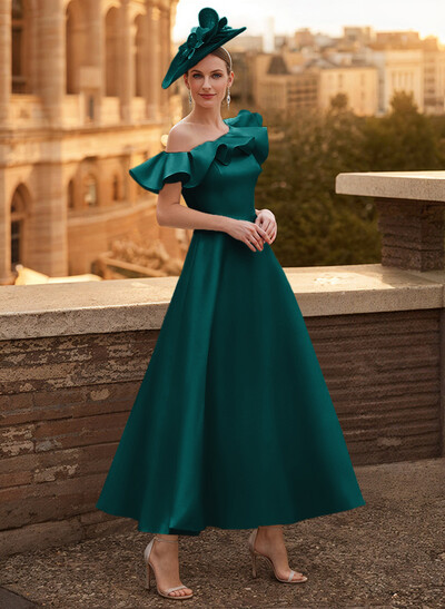 A-Line Asymmetrical Sleeveless Ankle-Length Satin Mother Of The Bride Dresses With Ruffle