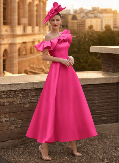 A-Line Asymmetrical Sleeveless Ankle-Length Satin Mother Of The Bride Dresses With Ruffle