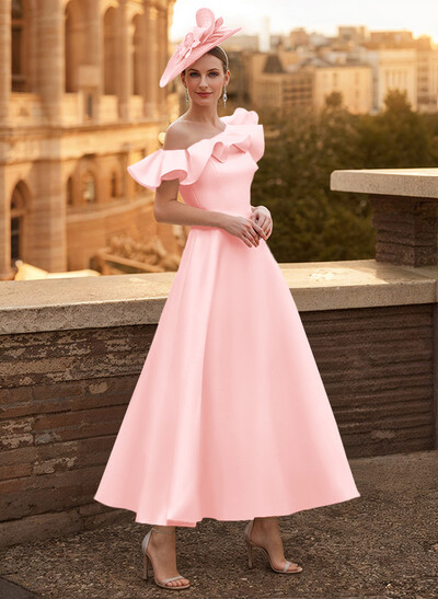 A-Line Asymmetrical Sleeveless Ankle-Length Satin Mother Of The Bride Dresses With Ruffle